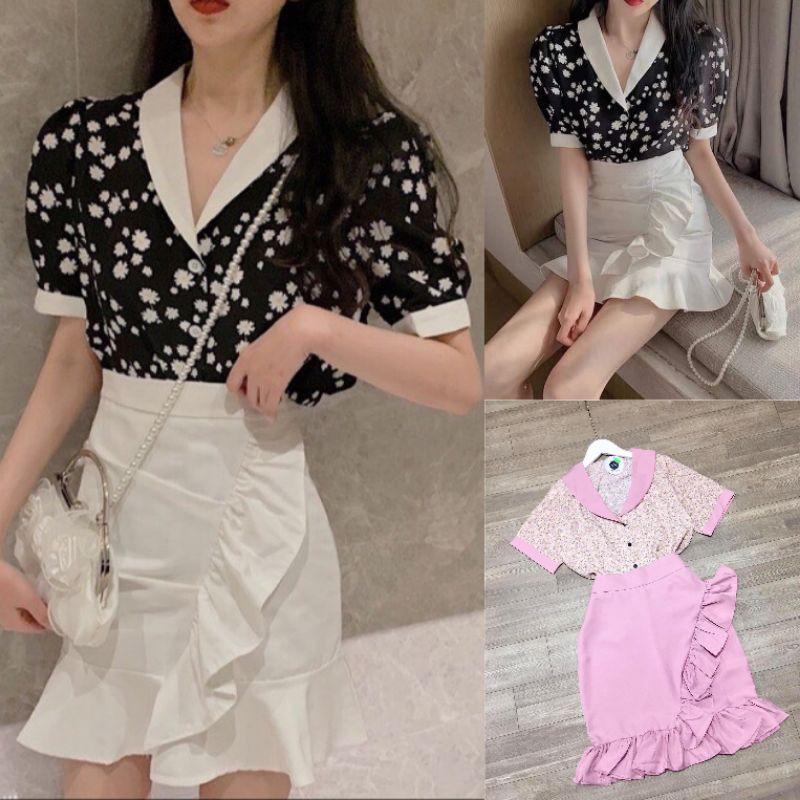 Sét áo hoa cổ viền phối chân váy bèo Cao Cấp