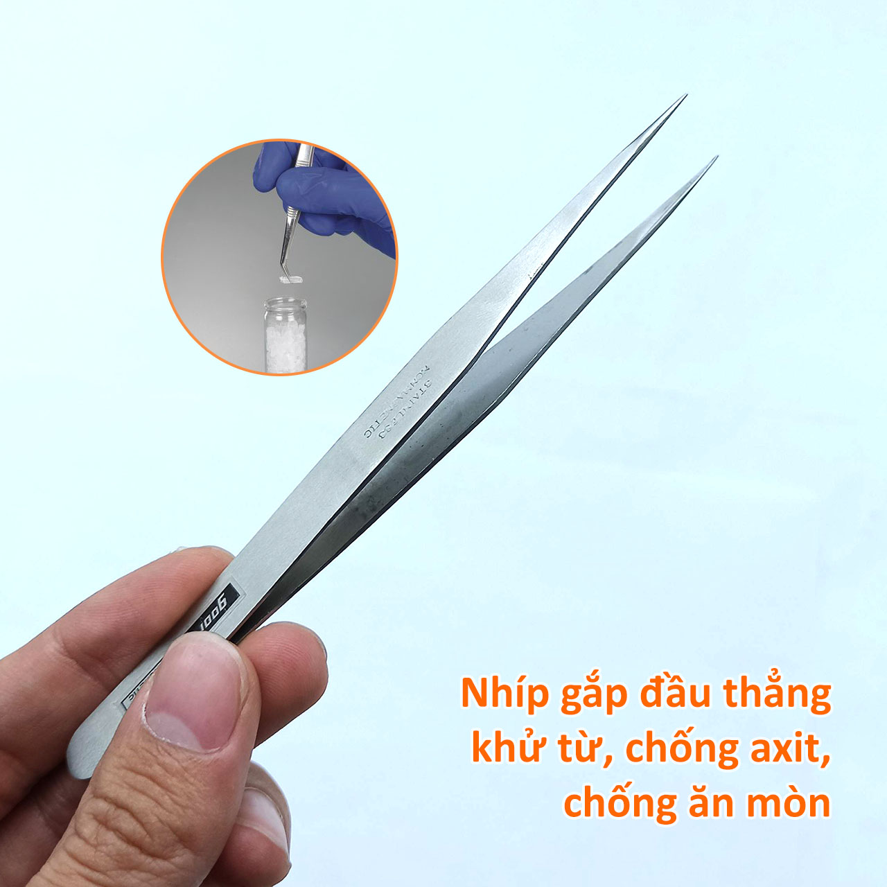 Nhíp gắp đầu thẳng 130mm bằng thép trắng khử từ, chống a xít và chống ăn mòn