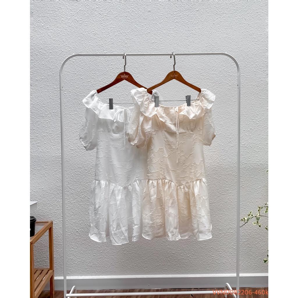 Váy bánh bèo cổ vuông phối nơ tay bồng viền ngực hàng thiết kế vvnd082206 by germe