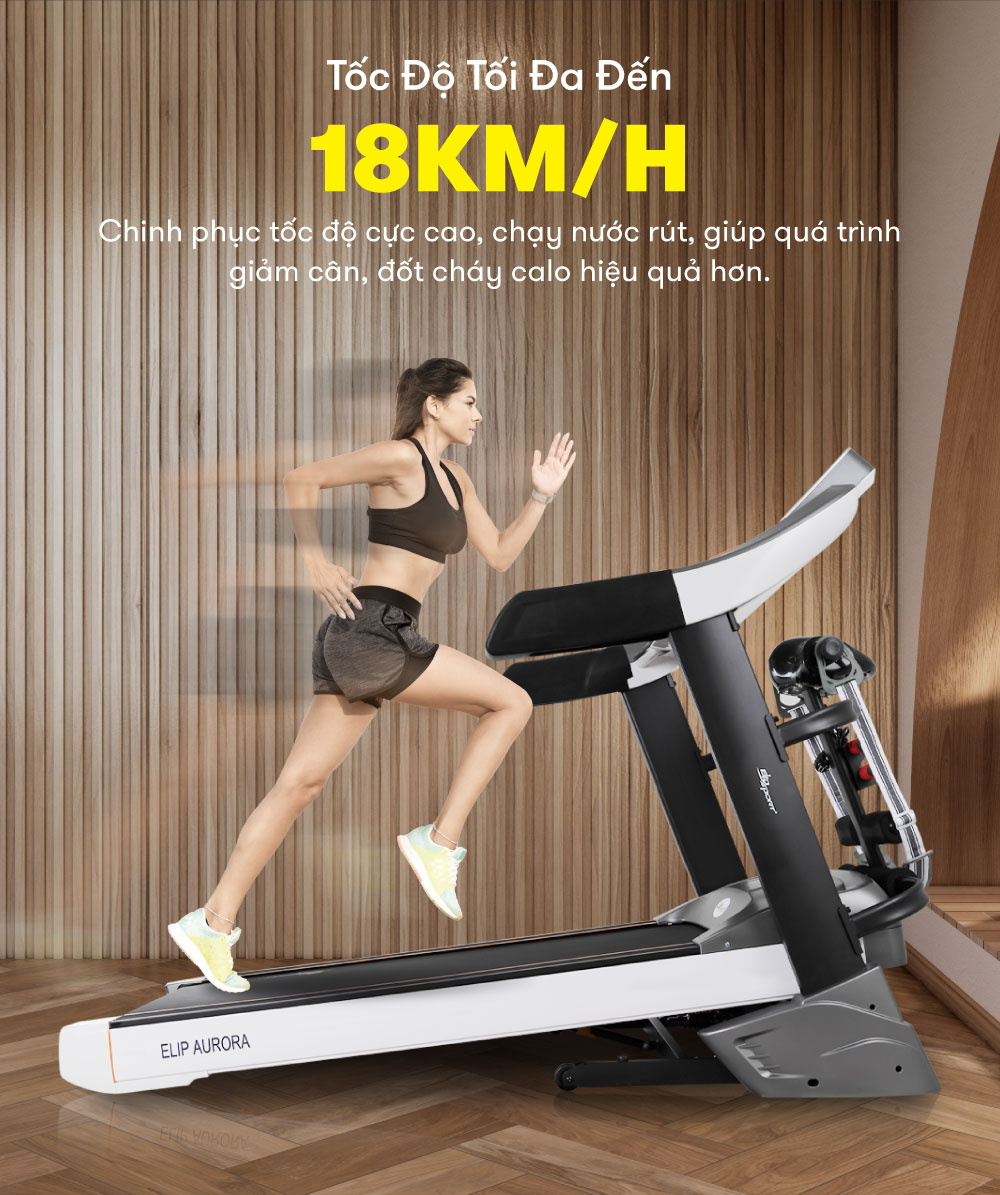 Máy Chạy Bộ Điện Đa Năng ELIP Aurora Động Cơ Mạnh 4.0HP, Thảm Chạy Rộng, Êm Ái, Chống Trơn Trượt