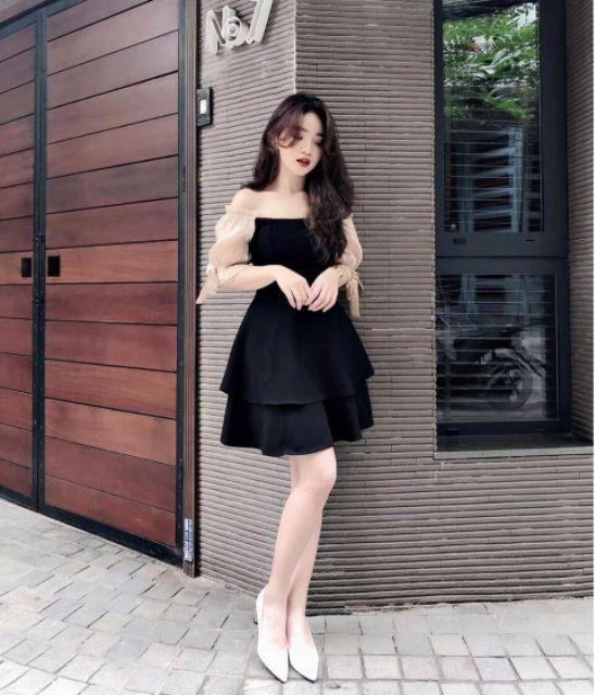 Đầm dự tiệc trễ vai tay phồng cột nơ