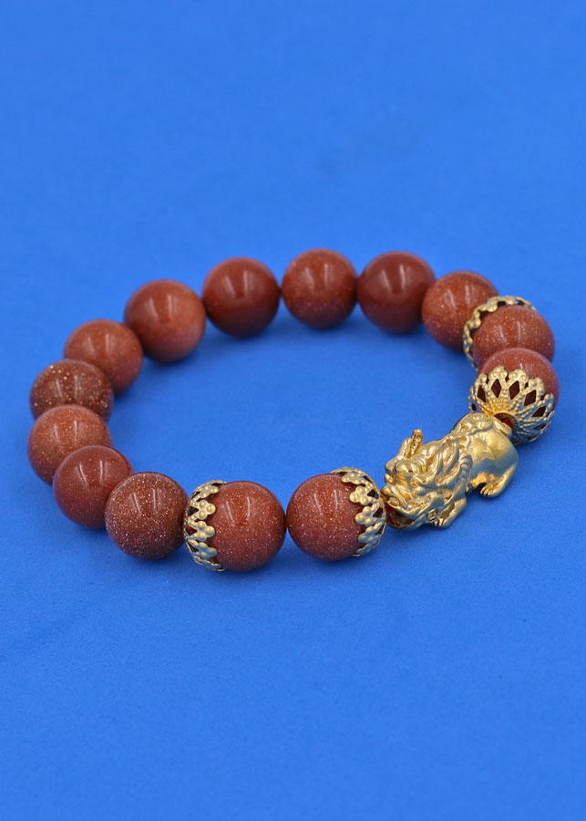 Chuỗi đeo tay Đá Kim Sa 12 ly - cẩn Tỳ Hưu Phong Thủy inox vàng Chiêu Tài Lộc VKSTHBKV12 - Vòng tay, lắc tay phong thủy