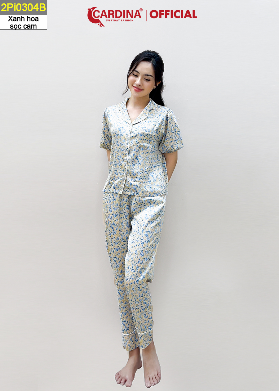 Đồ Bộ Pijama Nữ CARDINA Chất Lụa Satin Nhật Cao Cấp Áo Tay Phồng Quần Dài Họa Tiết Trẻ Trung 2Pi03