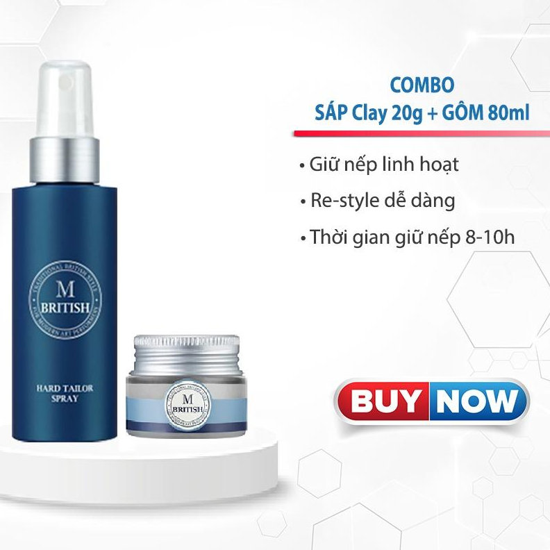 Combo Gôm(keo) xịt tóc BRITISH M Hard Tailor Spray 80ml và Sáp vuốt tóc cho nam và nữ BRITISH M Urban Matte Clay 20g