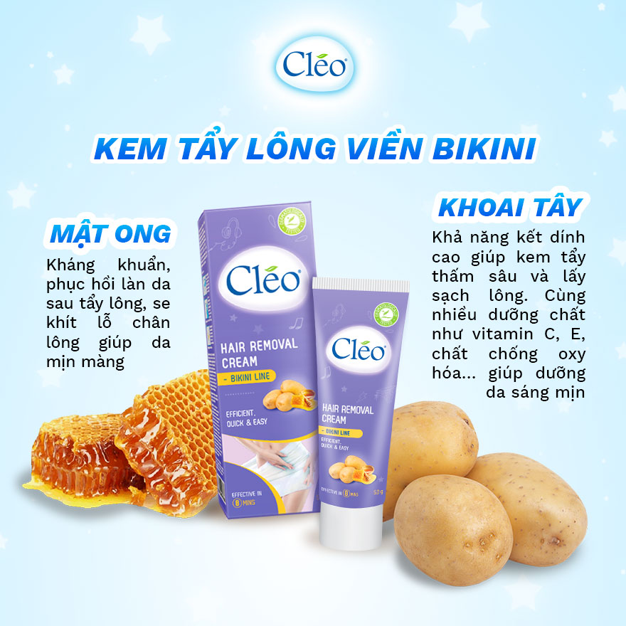 Combo tẩy lông Bikini Cléo, an toàn,hiệu quả trong 8 phút 50g và tẩy lông nách Cléo da nhạy cảm 50g