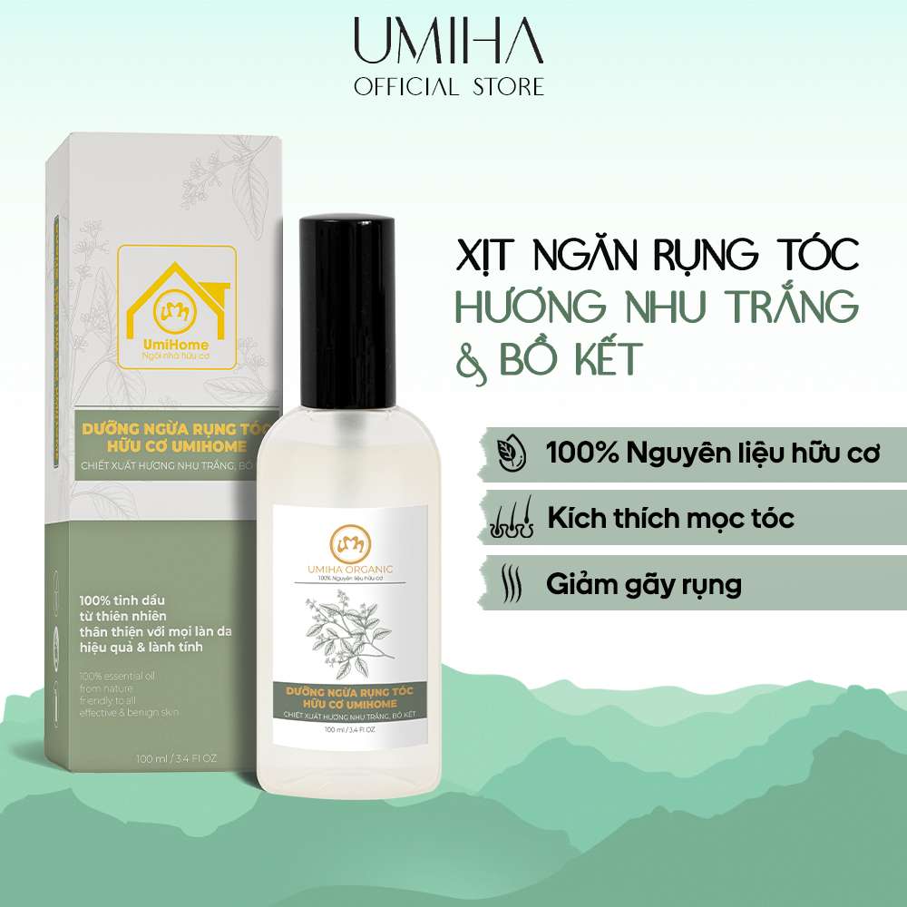 Xịt dưỡng tóc ngăn rụng Tinh Dầu Hương Nhu Trắng và Bồ Kết UMIHOME hữu cơ 50/100ml phục hồi hư tổn và ngăn gẫy rụng hiệu quả