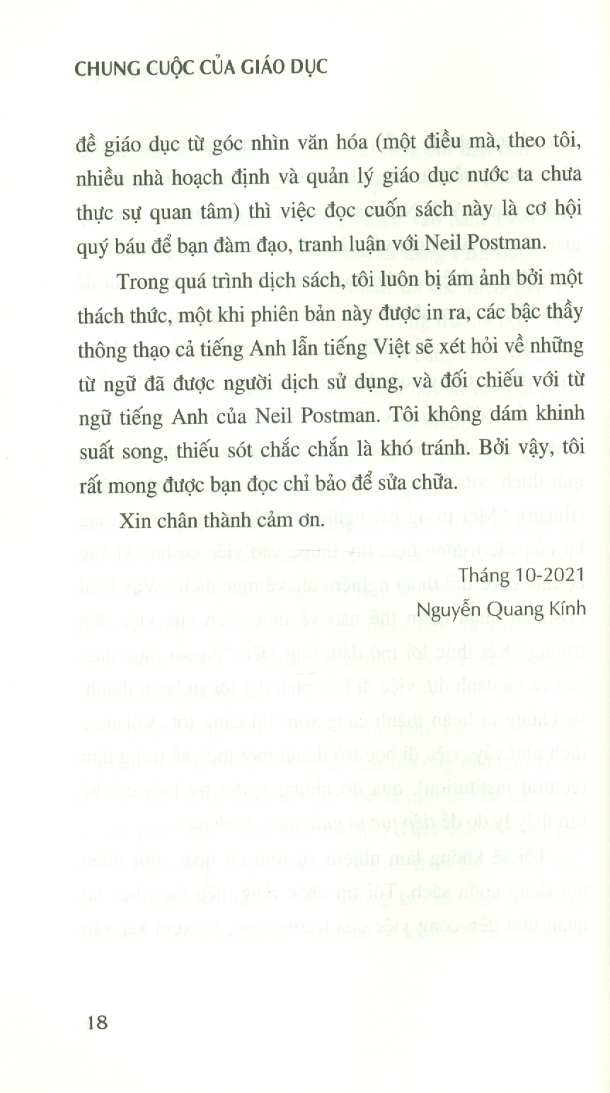 Chung CUộc Của Giáo Dục - Neil Postman - Nguyễn Quang Kính dịch -
