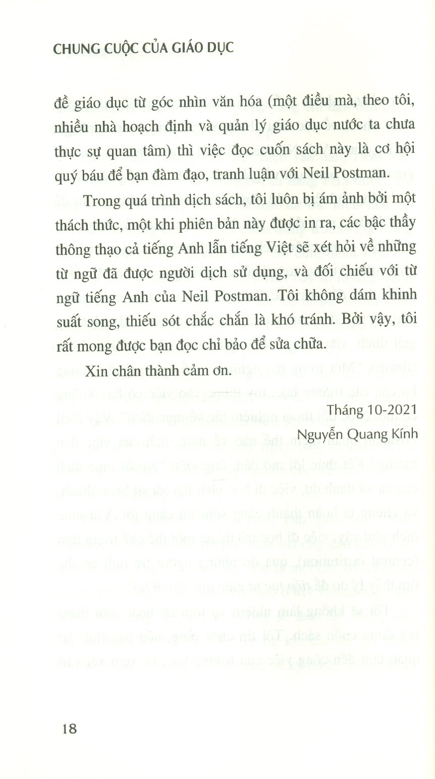 Chung CUộc Của Giáo Dục - Neil Postman - Nguyễn Quang Kính dịch - (bìa mềm)