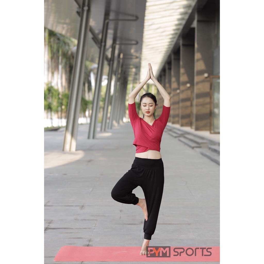 Set đồ tập yoga - tập gym PYM Sports - PYMS005 áo croptop tay lửng buộc vạt sau eo, quần dáng alibaba - 2 màu đen và đỏ