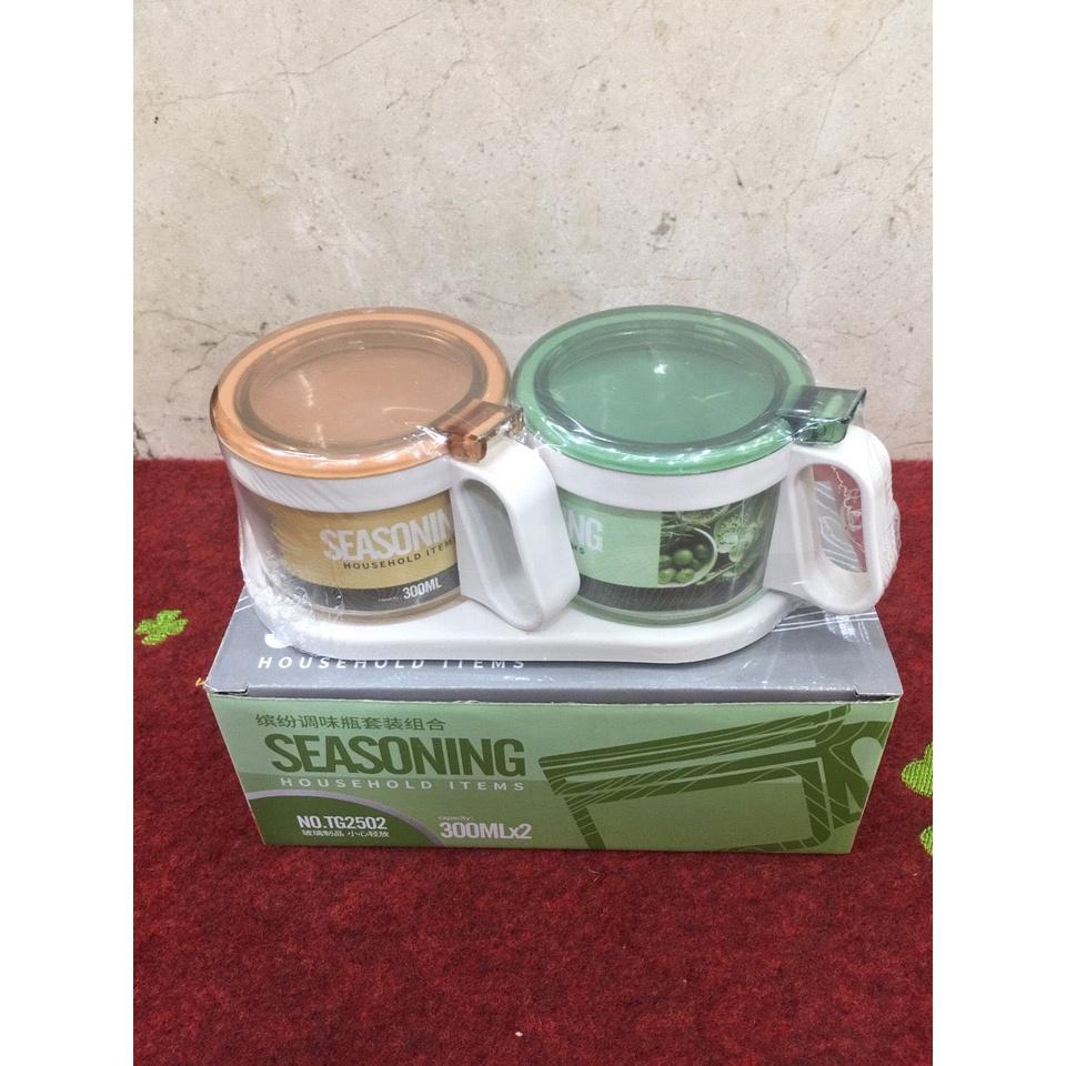 Bộ 2 hũ đựng gia vị thủy tinh Seasoning cao cấp có khay