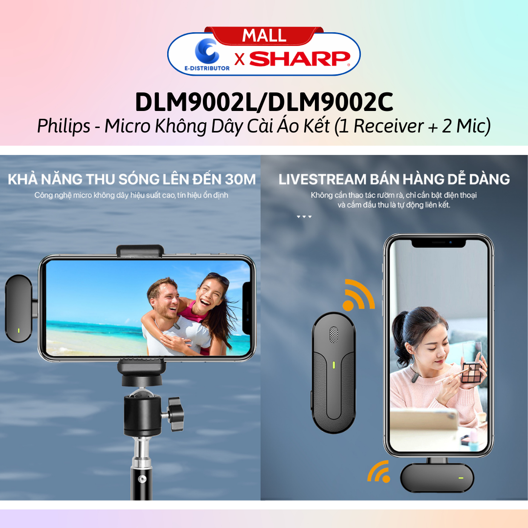 Micro không dây cài áo Philips kết nối cổng Lighting DLM9002L / cổng USB-C DLM9002C (1Receiver + 2Mic) - Hàng Chính Hãng