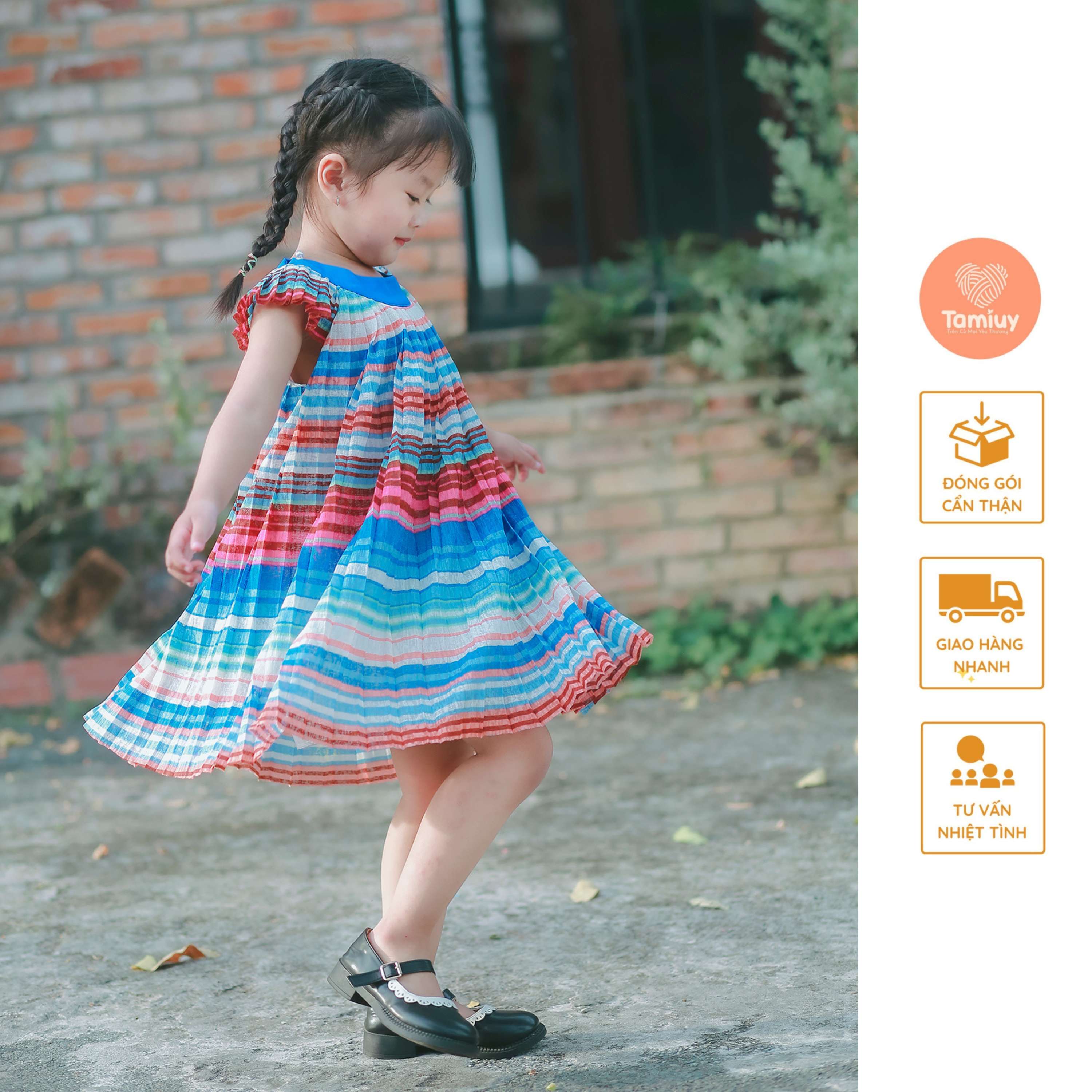Đầm Cổ Yếm Dập Ly Tamiuy Chất Vải Voan Mềm Mại Cùng Họa Tiết Nổi Bật Xinh Xắn Dễ Thương Cho Các Bé Gái