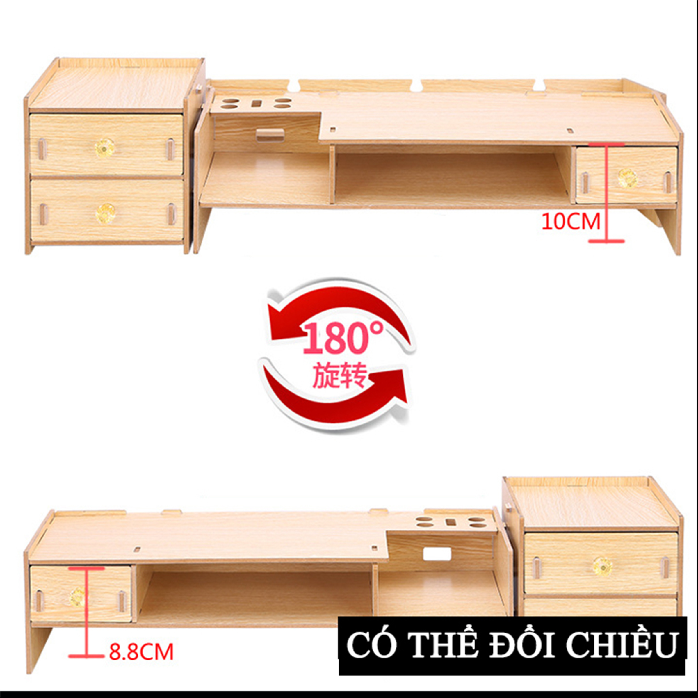 Kệ để màn hình máy tính gỗ lắp ghép 2 tầng, có ngăn tủ phụ RE0066