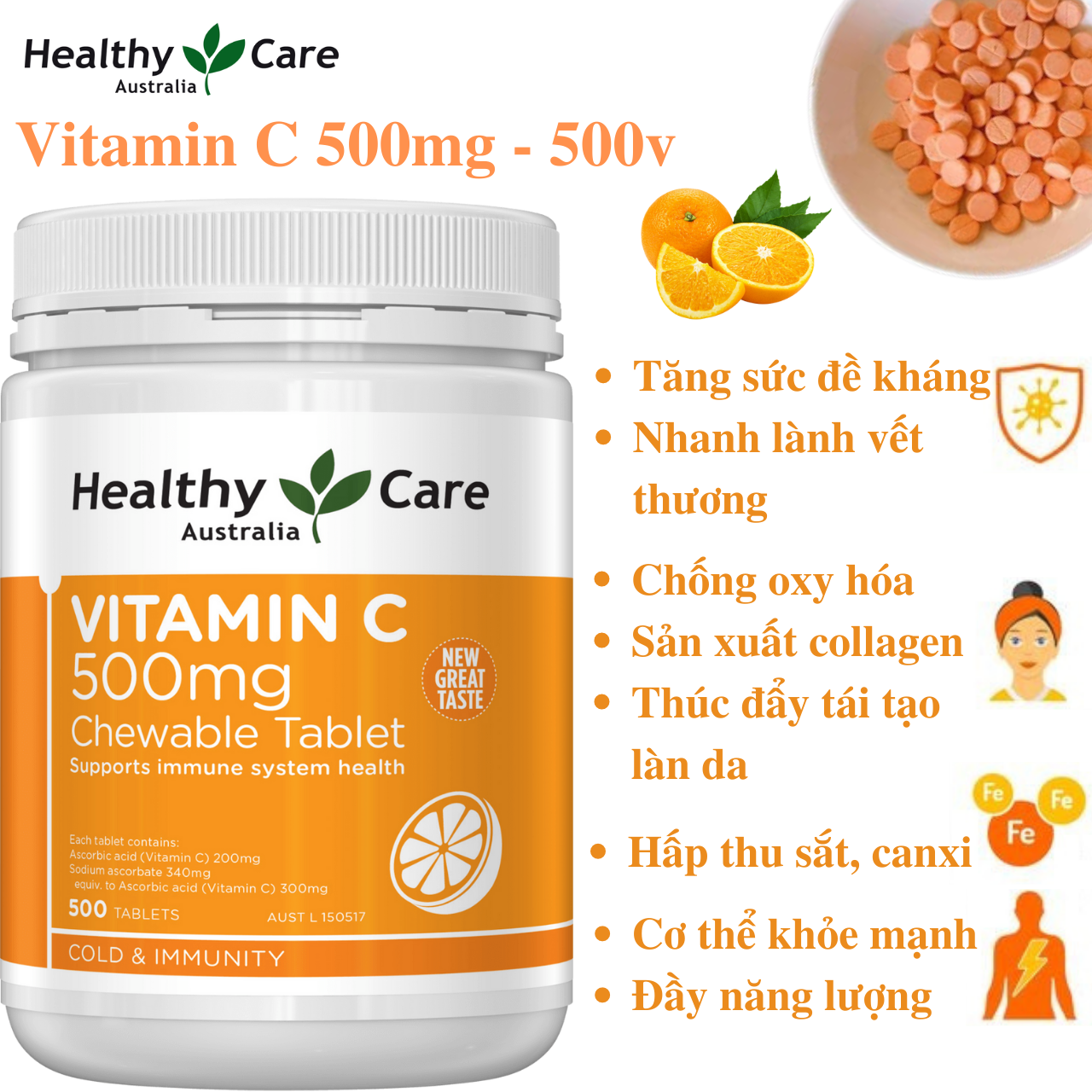 Vitamin C dạng kẹo (ngậm) Úc Healthy Care tăng sức đề kháng, sáng da, tăng sản xuất collagen, nhanh lành bệnh (vết thương) - Massel Official