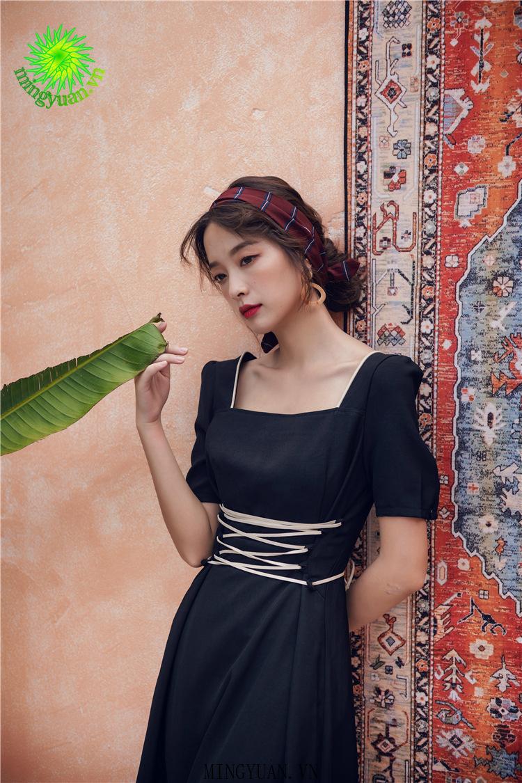 Đầm Nữ Dáng Dài Cổ Vuông Phong Cách Retro