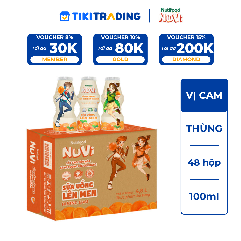 Thùng 48 hộp sữa uống lên men Nuvi vị Cam 100ml