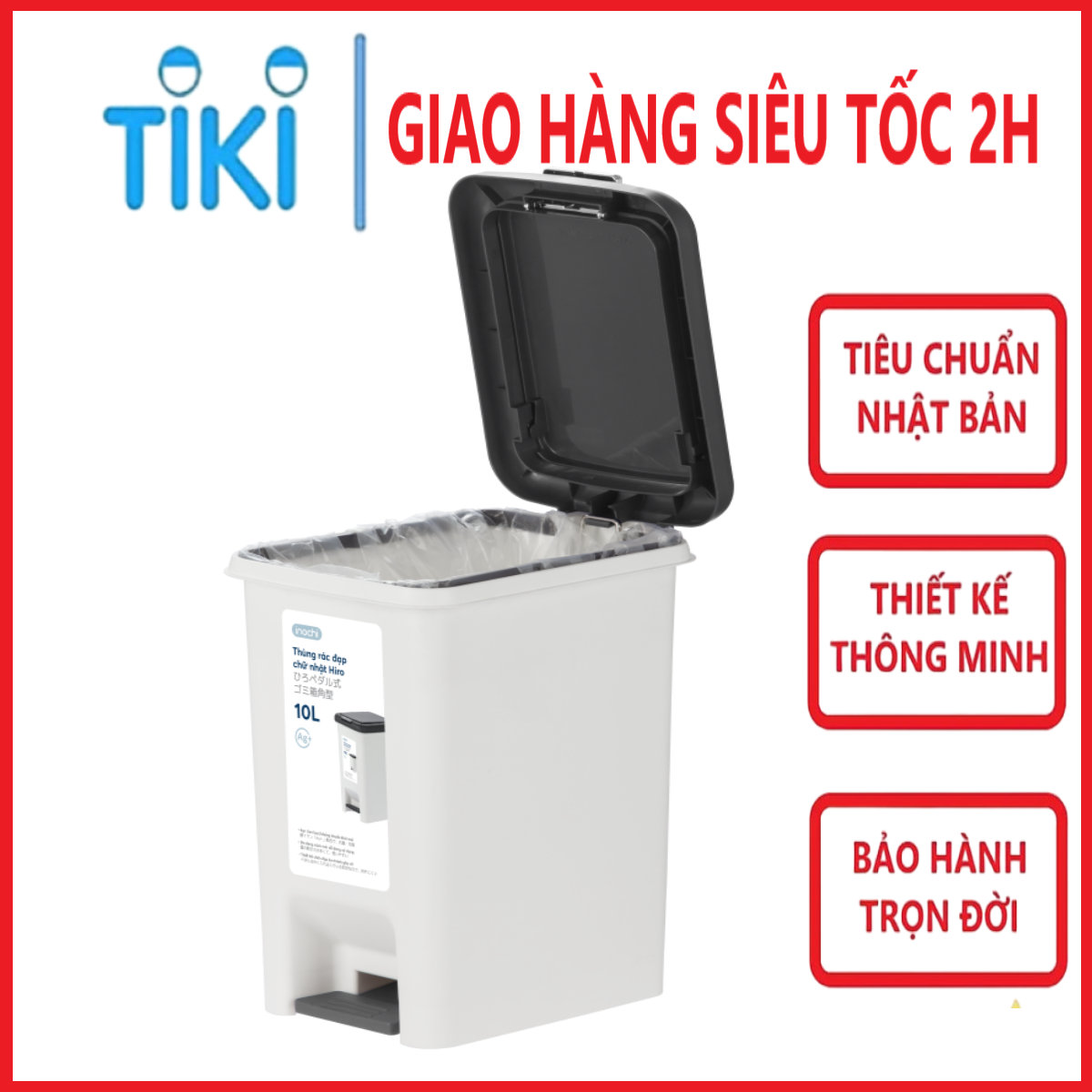 Thùng Rác Nhựa Cao Cấp Đạp Chân Nắp Đậy Chữ Nhật Inochi 20 Lít - (252 x 339 x 434 mm)