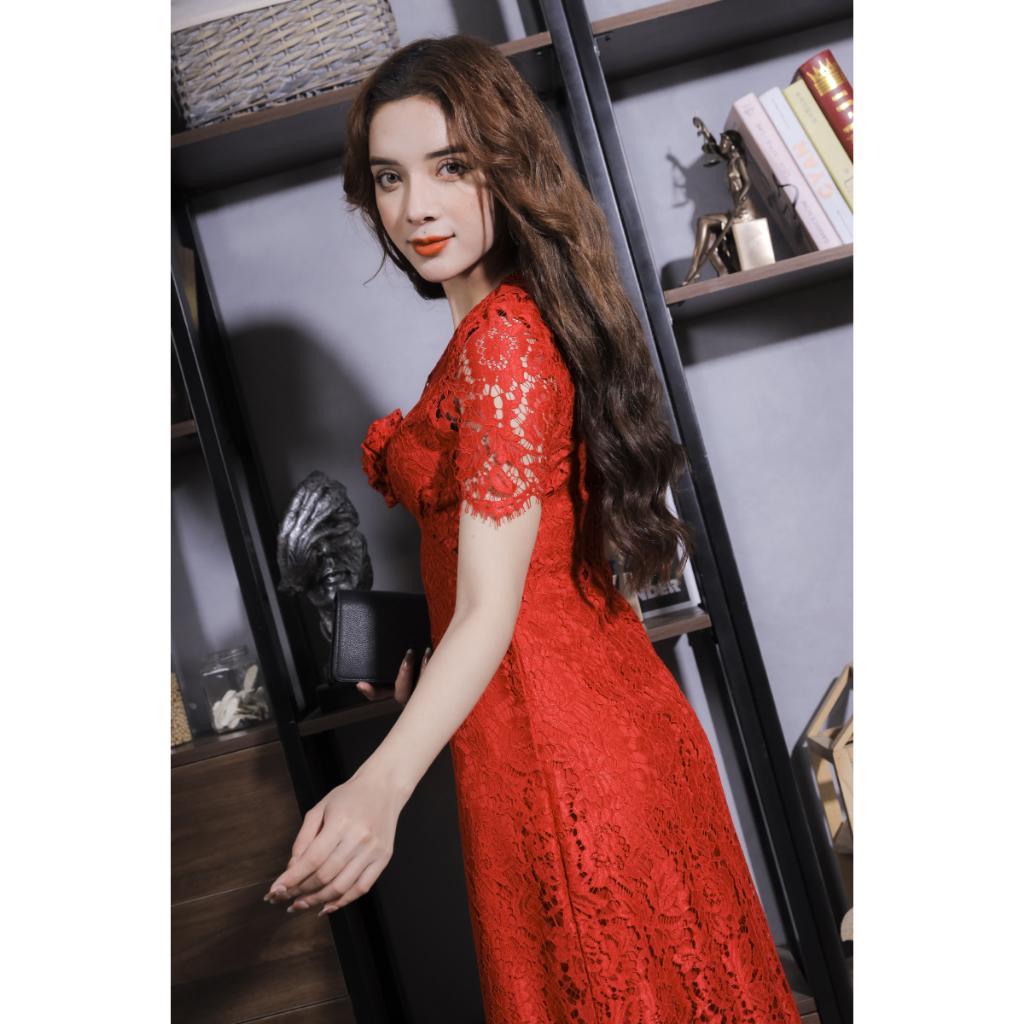 Váy Ren Cao Cấp Màu Đỏ Hoa Ngực 23V015 Pi Style