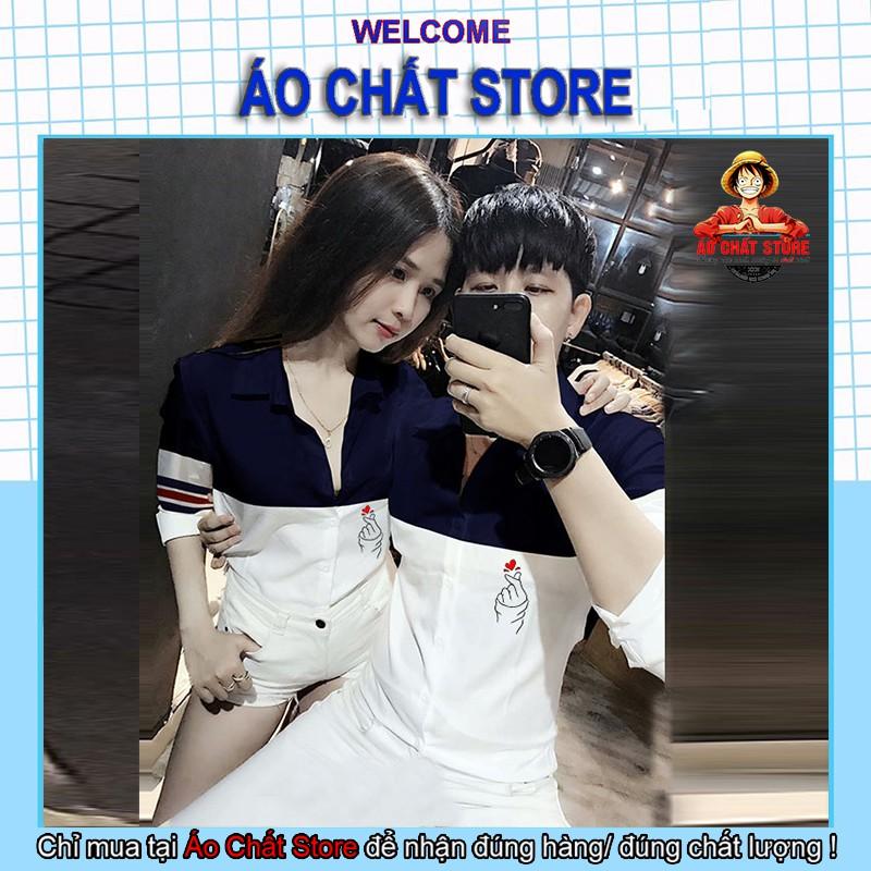 Áo sơ mi đôi phối màu búng tim