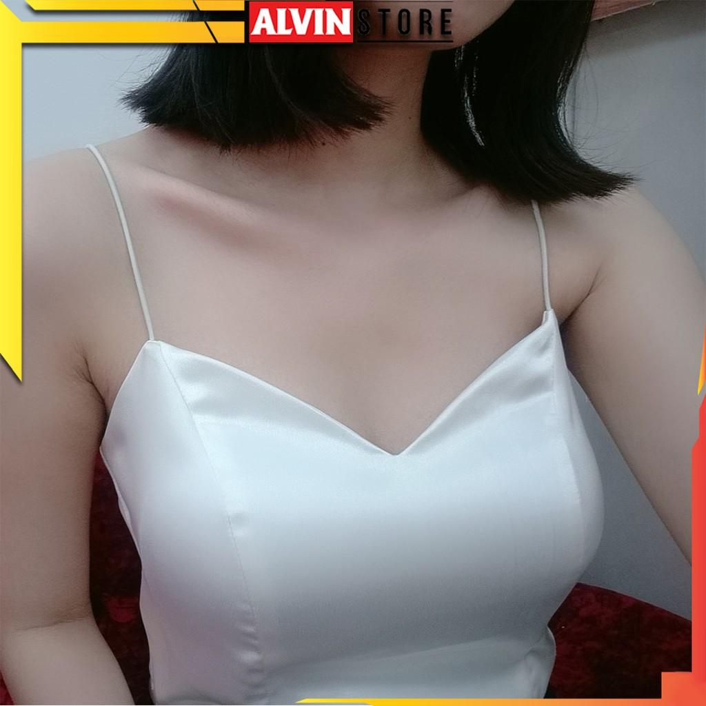 Áo Croptop Ôm Hai Dây Cổ Tim Cúp Ngực Vải Lụa Đen Cao Cấp A0087