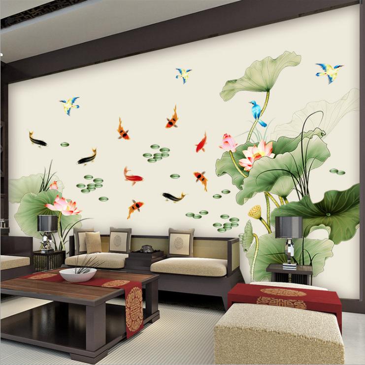 Decal dán tường Đầm sen và cá chép xanh mát