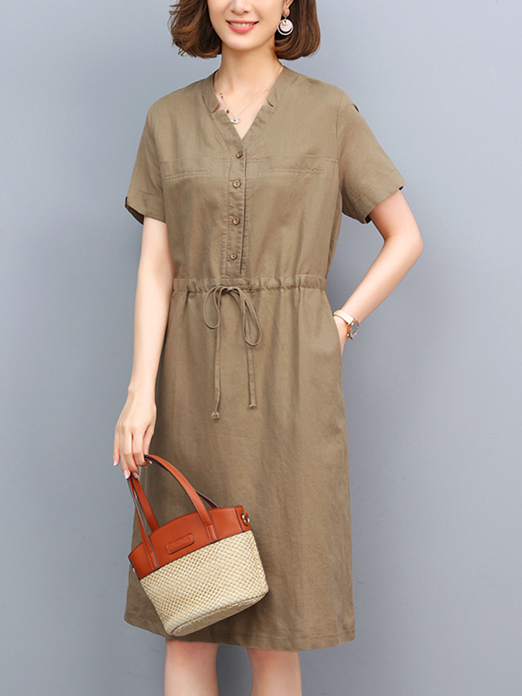Đầm linen dáng suông cổ V 2 túi sườn, Đầm form rộng phong cách công sở Đũi Việt