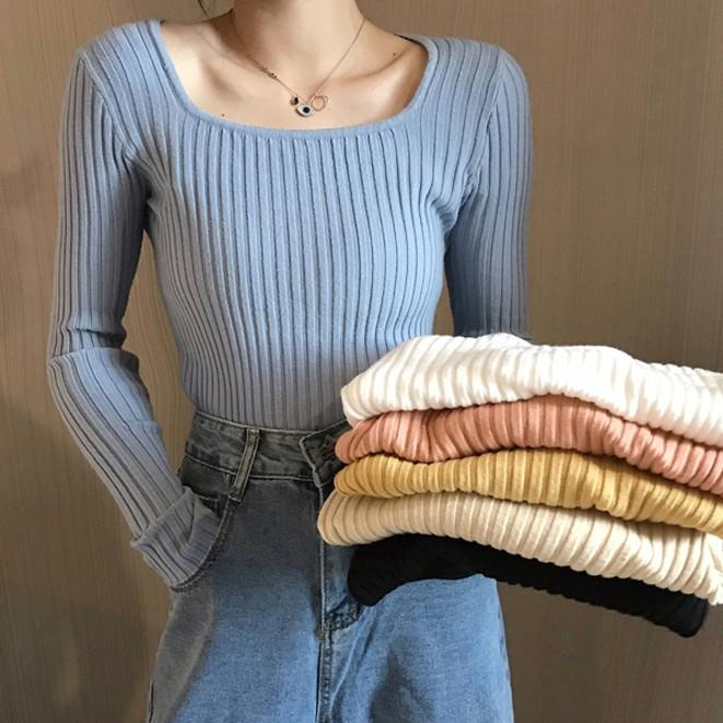 Áo Thun Dệt Kim Tay Dài Cổ Vuông Màu Trơn Thiết Kế Đơn Giản Cho Nữ