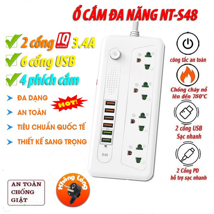 Ổ cắm điện đa năng, ổ điện thông minh POWER NT-S48 có 6 USB hỗ trợ sạc nhanh IQ 3.4A công suất 3000W tự động ngắt khi quá tải chống cháy nổ chống giật