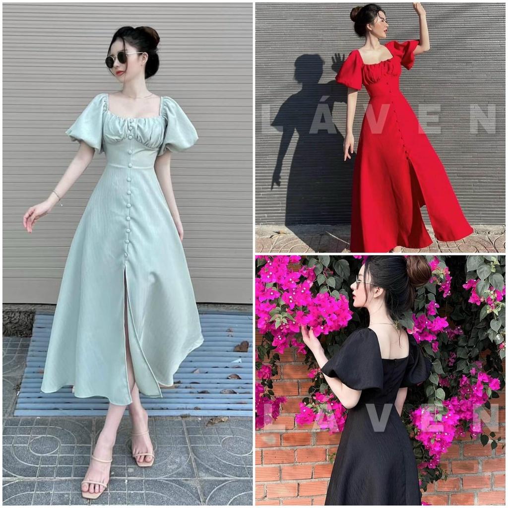 Đầm maxi cổ vuông tay phồng nút bọc y hình