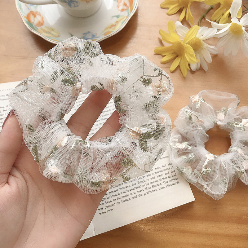 Dây buộc tóc scrunchies thêu hoa nhí dễ thương