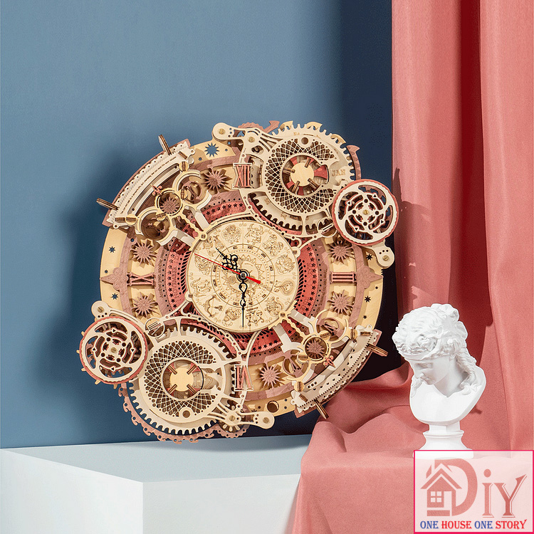 [Bản Quốc tế]Mô hình gỗ lắp ghép Robotime ROKR Đồng hồ Cung Hoàng Đạo Zodiac Wall Clock Mechanical Time Art Engine LC601