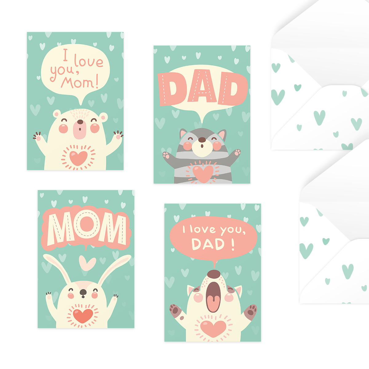 Bộ 4 thiệp 12,5x17,6 SDstationery CUTE FAMILY LOVE chó, mèo, thỏ, gấu, dễ thương, tặng bố mẹ mother’s day, father’s day