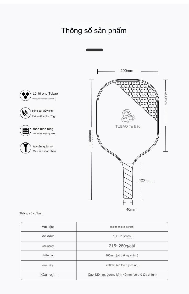 Bộ 2 Vợt Pickleball Sợi Carbon Cao Cấp Tubao Hàng Chính Hãng + Kèm Túi Chống Sốc Và 4 Bóng