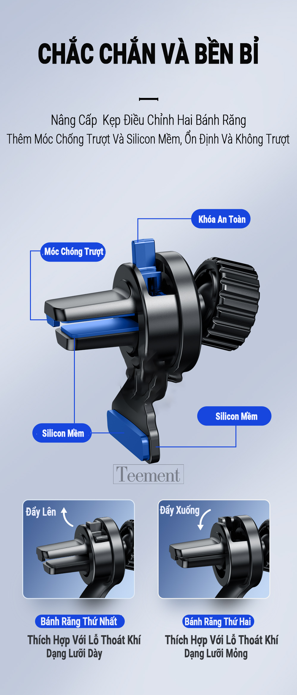 Giá Đỡ Điện Thoại Xe Hơi Ô Tô Teement TM01 Chất Liệu Hợp Kim Nhôm Cao Cấp - Nút Ấn Thông Minh - Xoay Chuyển 360 Độ - Kẹp Cánh Thông Gió Điều Hòa - Mini Nhỏ Gọn Tiện Lợi - Hàng Chính Hãng