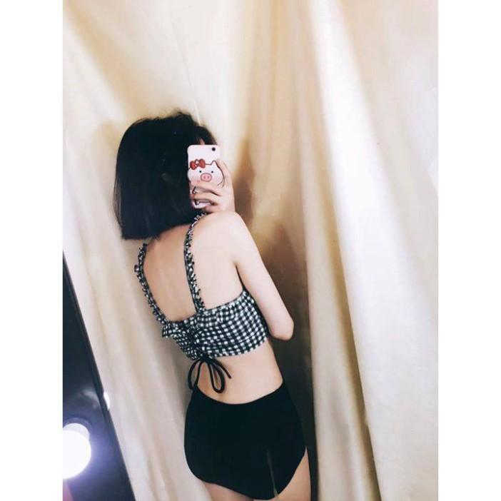 freeship Bikini hai mảnh áo caro nữ tính mặc đi biển đi bơi