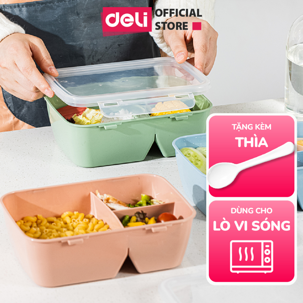 Hộp Đựng Cơm Giữ Nhiệt Văn Phòng 3 Ngăn Deli - Dùng Được Lò Vi Sóng Chống Tràn Hộp Cơm Trưa, Cơm Bento Tặng Kèm Thìa Nhựa An Toàn Học Sinh Văn Phòng