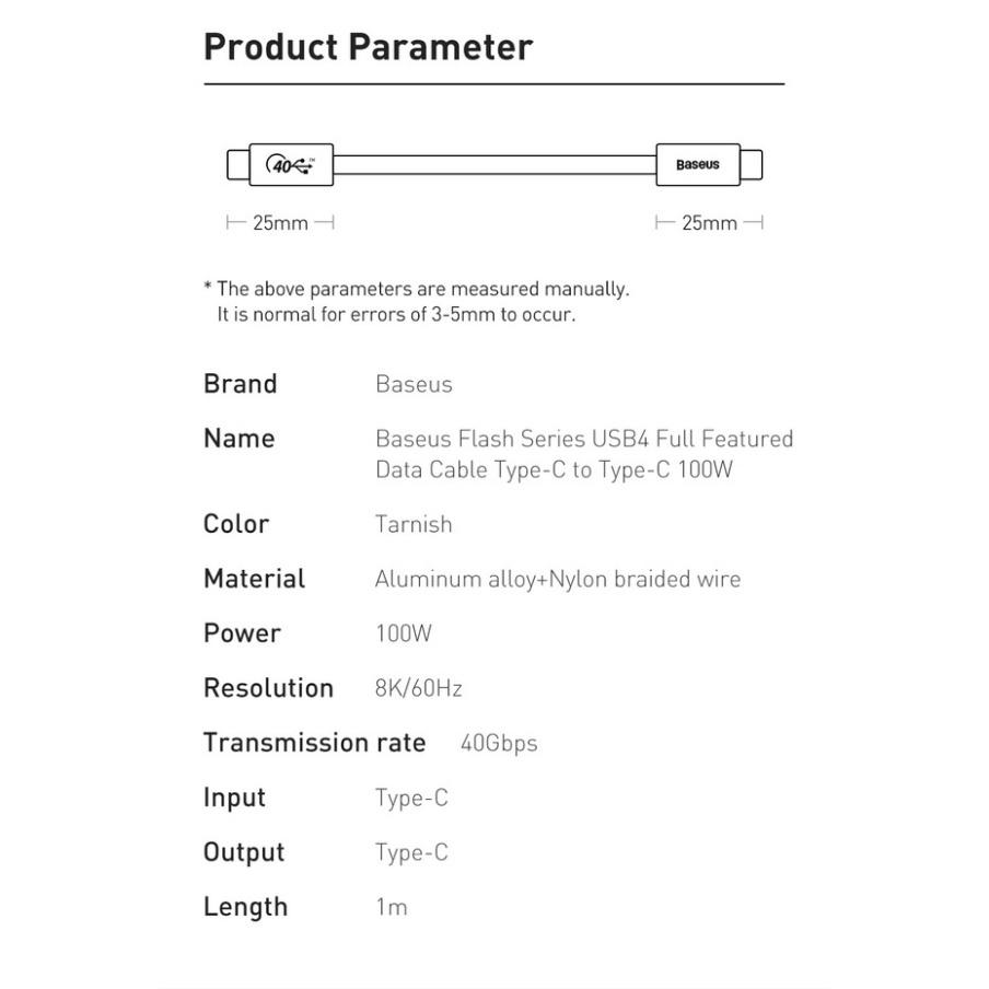 Cáp sạc nhanh Baseus 100W Thunderbolt 3/4 PD 40Gbps 8K@60Hz Type C USB 4 cao cấp - Hàng Chính Hãng