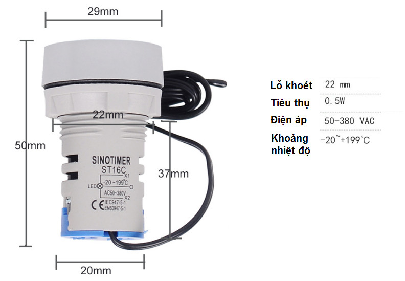 Đèn Báo Cảm Biến Nhiệt Độ Tủ Điện Phi 22 T22-AC