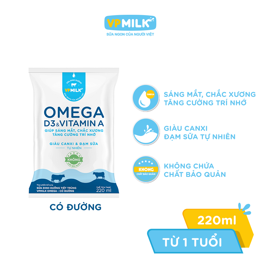 Sữa Dinh Dưỡng Tiệt Trùng VPMilk Omega Có Đường dạng hộp cho bé trên 1 tuổi 180ml (thùng 48 hộp)