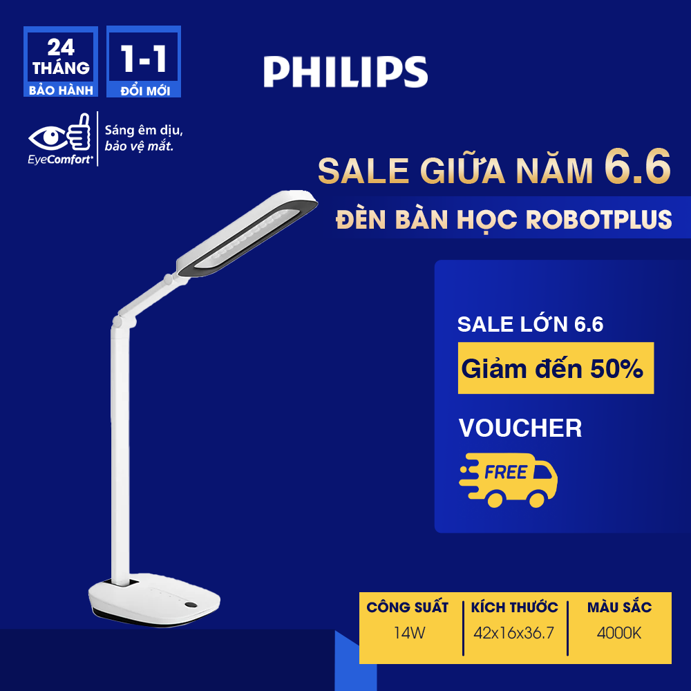 Đèn bàn học bảo vệ mắt Philips LED RobotPlus DSK601 RD 13W ánh sáng trung tính 4000K, 4 cấp độ sáng