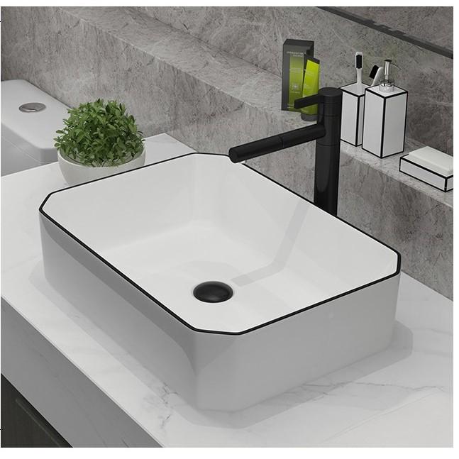 Chậu sứ lavabo để bàn màu trắng viền đen nghệ thuật loại lòng chậu sâu, mã M21DT