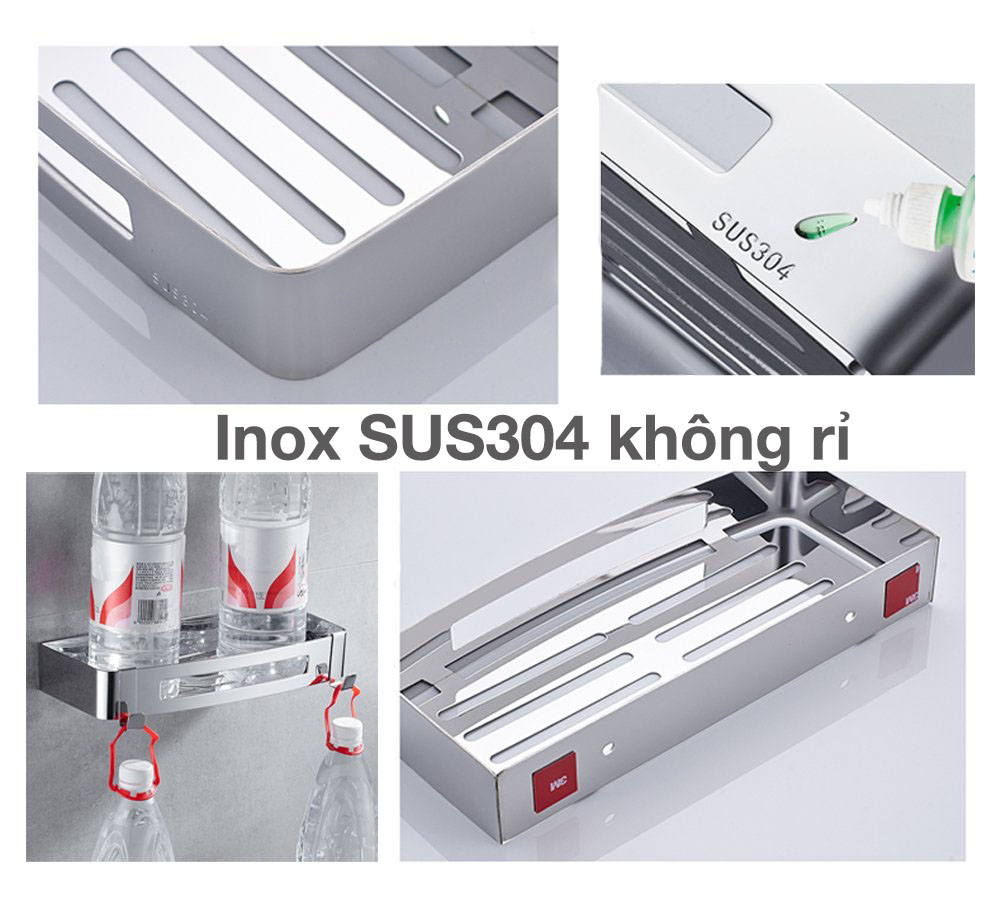 Kệ chữ nhật để đồ nhà tắm dán tường inox 304 Hobby Home Decor KCN1 có keo dán và đinh ốc