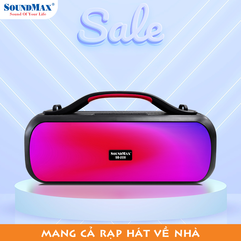 Loa di động bluetooth SoundMax SB-208 | Portable Bluetooth Speaker SoundMax SB208 | LED RGB, Hỗ trợ USB AUX, Thời lượng pin 5 giờ, Công suất 30W - Hàng Chính Hãng