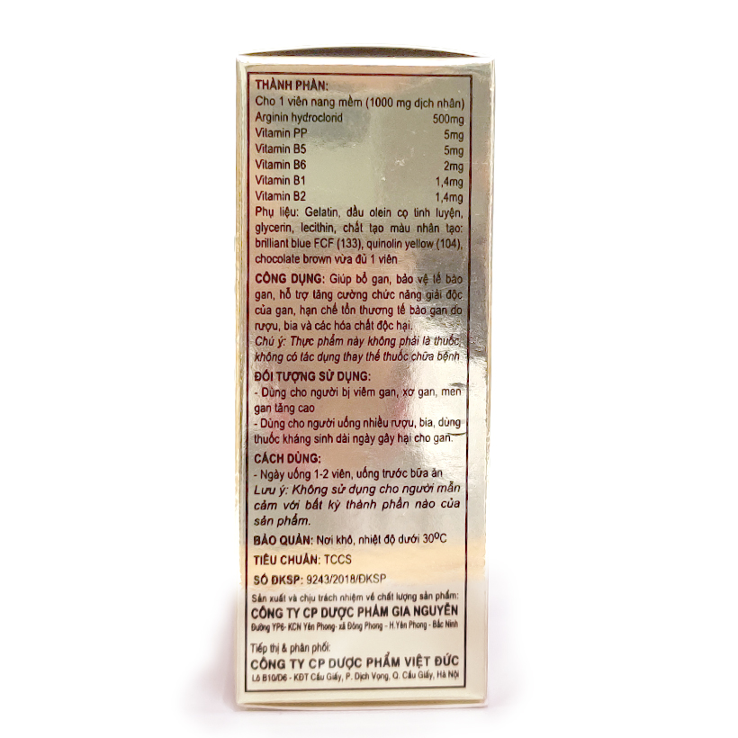 Thực phẩm bảo vệ sức khoẻ Arginine 500 giúp bổ gan, giải độc gan, bảo vệ tế bào gan - Hộp 60 viên