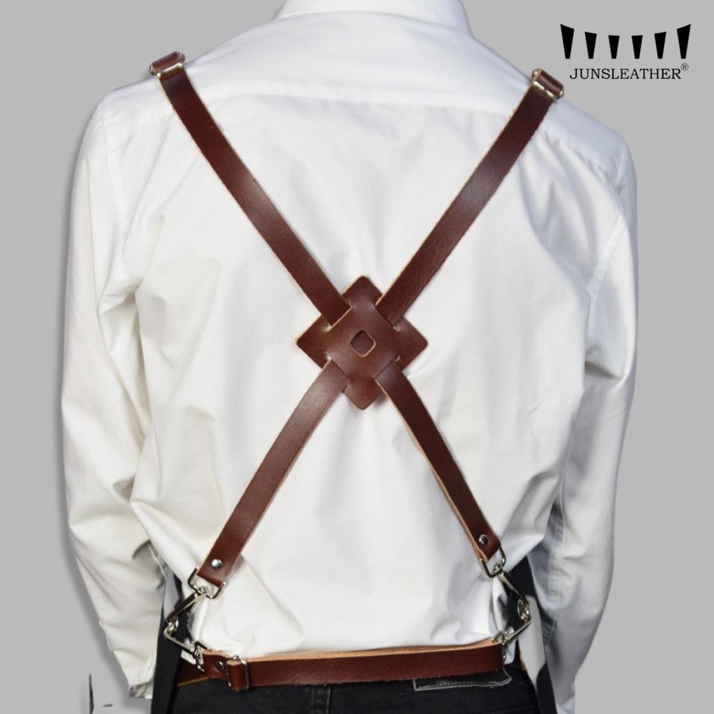 Tạp dề pha chế vải canvas dây da của Junsleather phối da bò cao cấp dành cho Barista/Bartender