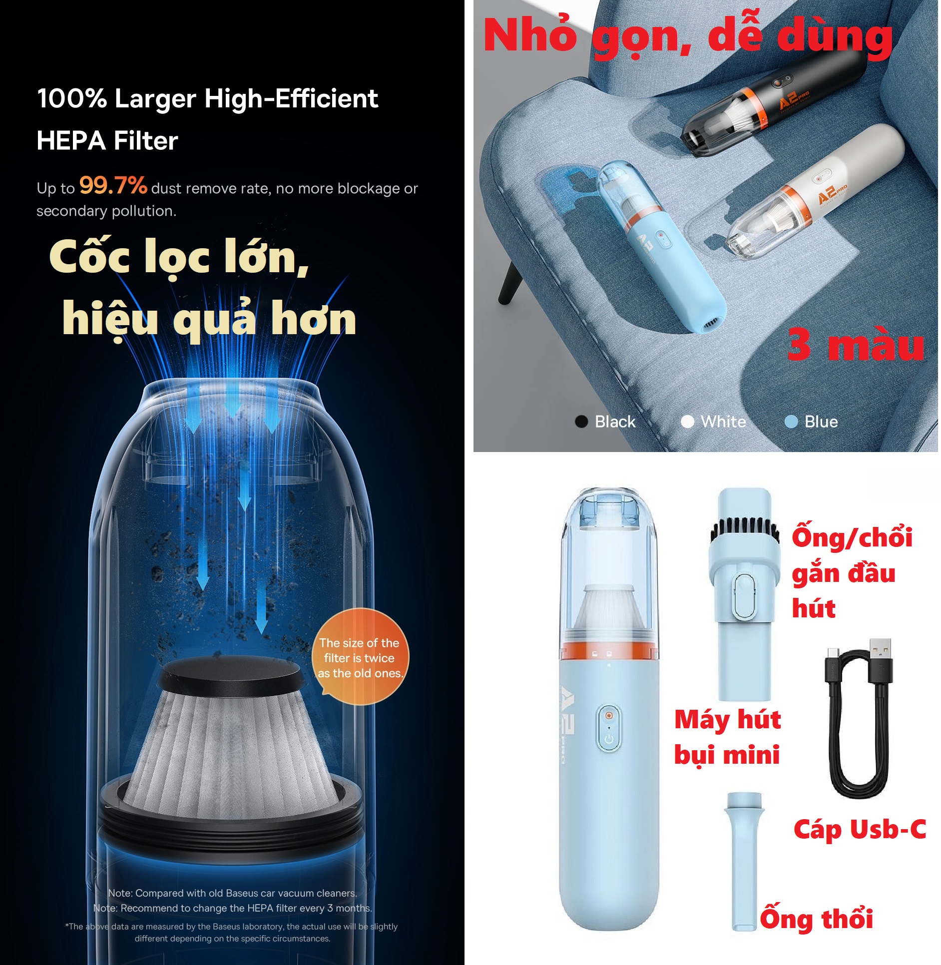 Máy hút bụi mini pin sạc dạng cầm tay 2 chế độ hút thổi Baseus A2 Pro Car Vacuum Cleaner A2Pro _ hàng chính hãng