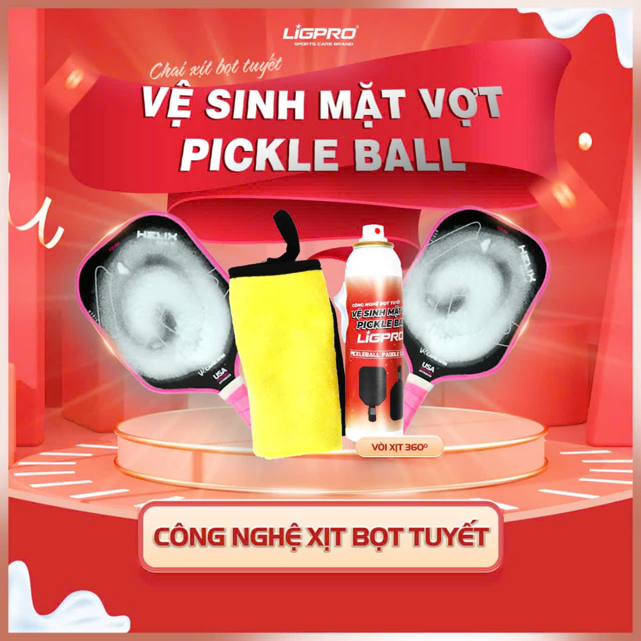 Chai xịt bọt vệ sinh vớt Pickleball, 200ml, tặng 1 khăn lau