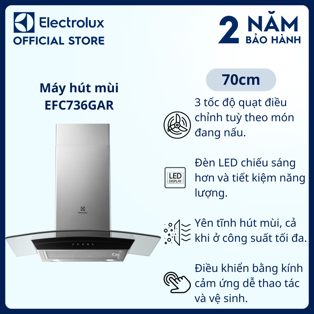 Máy hút mùi Electrolux bằng thép không gỉ 70cm EFC736GAR, Hoạt động êm dịu, Dễ dàng điều khiển và vệ sinh [Hàng chính hãng]