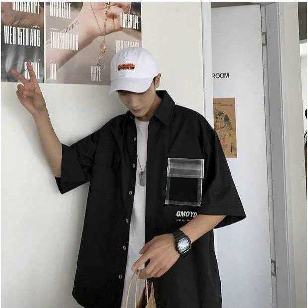 Áo sơ mi nam  form rộng có phối túi dễ phối đồ, áo sơ mi tay ngắn Unisex hàn quốc họa tiết cá tính