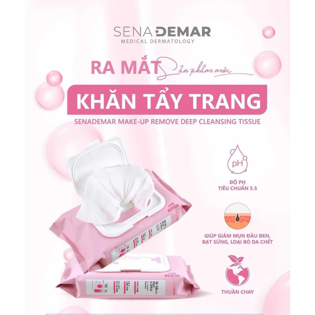 Khăn Tẩy Trang SenaDemar làm sạch,loại bỏ bã nhờn gói 45 miếng hạn 2027